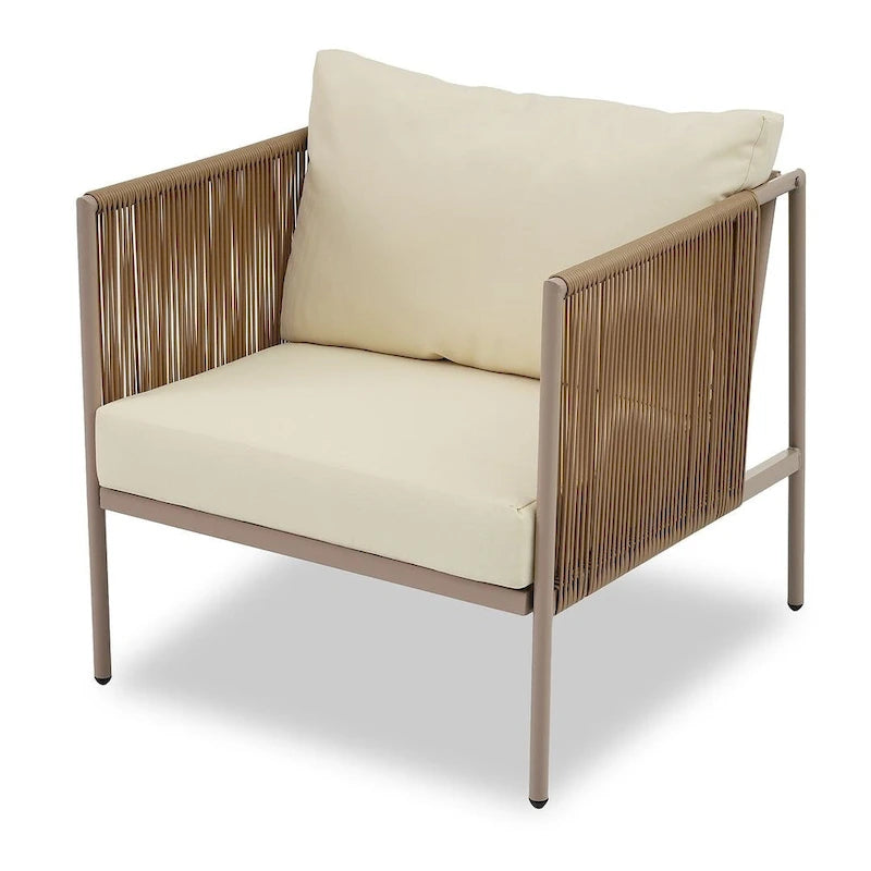 Ensemble de patio en corde d'extérieur 4 pièces pour 4 personnes avec coussins et table en verre