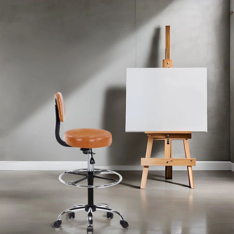 Tabouret de dessinateur réglable en hauteur - Avec cuir de qualité supérieure, roulettes pivotantes