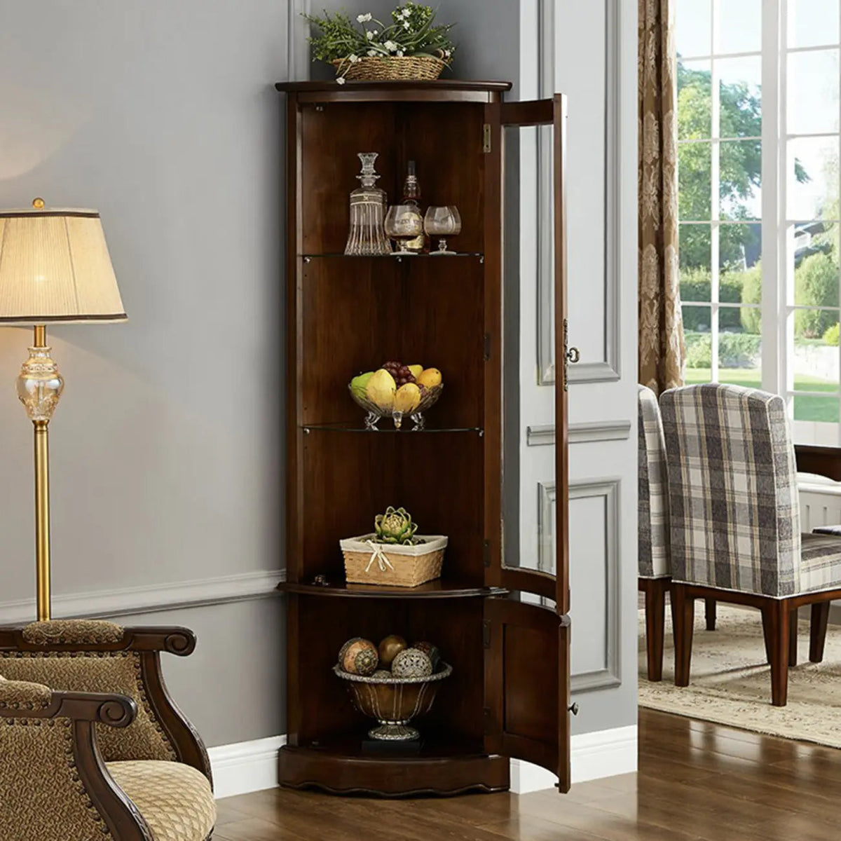 Meuble d'angle classique en bois d'hévéa marron avec porte vitrée