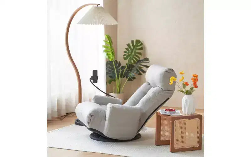 Chaise de jeu au sol, fauteuil de sol pivotant avec accoudoirs et support de téléphone, fauteuil de jeu inclinable pliant réglable sur 5 positions