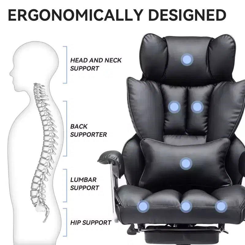 Efomao Chaise de Bureau Ergonomique 400 lbs, Grande Chaise d'Ordinateur en Cuir PU pour Personnes de Grande Taille, Fauteuil de Direction avec Repose-Pieds et Soutien Lombaire