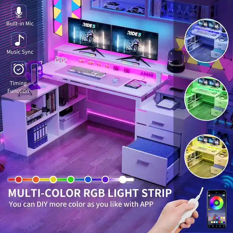 Bureau d'angle en L de 165 cm avec LED RVB, support d'écran et armoire de rangement – 1 personne | Blanc / Chêne / Gris anthracite / Noir