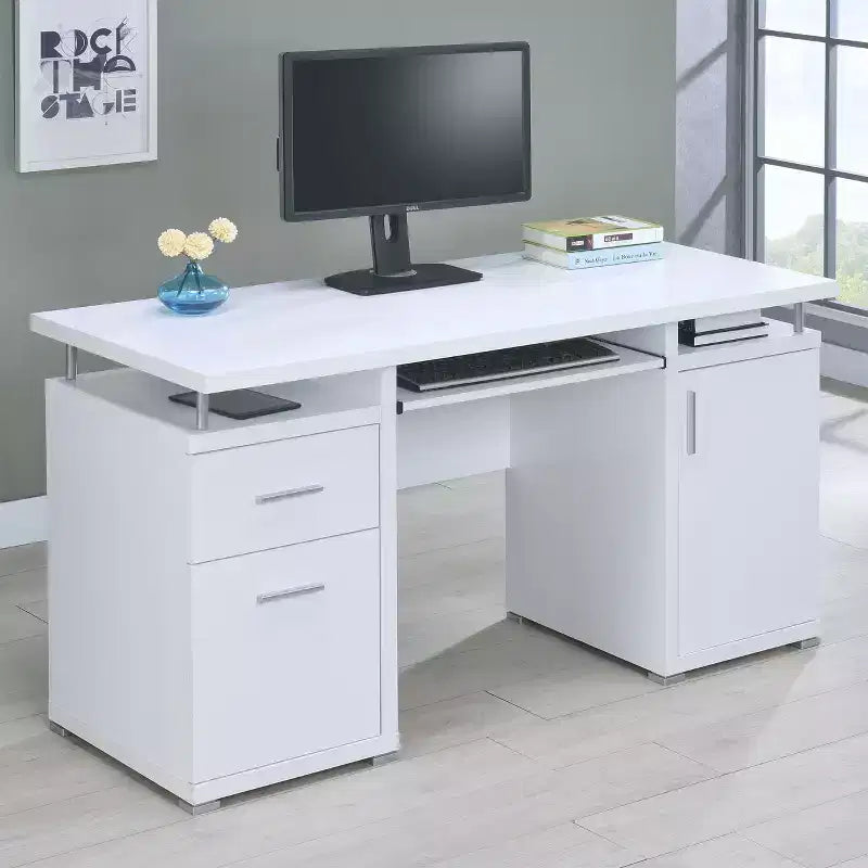 Bureau d'écriture en bois de 55 po avec 2 tiroirs, 1 placard, 1 étagère ouverte et porte pour bureau à domicile ou salle d'étude