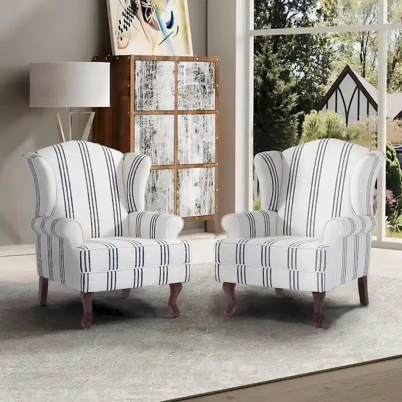 2 fauteuils d'appoint à dossier haut traditionnels, revêtus de tissu
