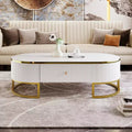Table basse moderne 47W avec tiroirs, design profilé incurvé, pieds en métal doré, ovale, blanc+doré-ModernLuxe