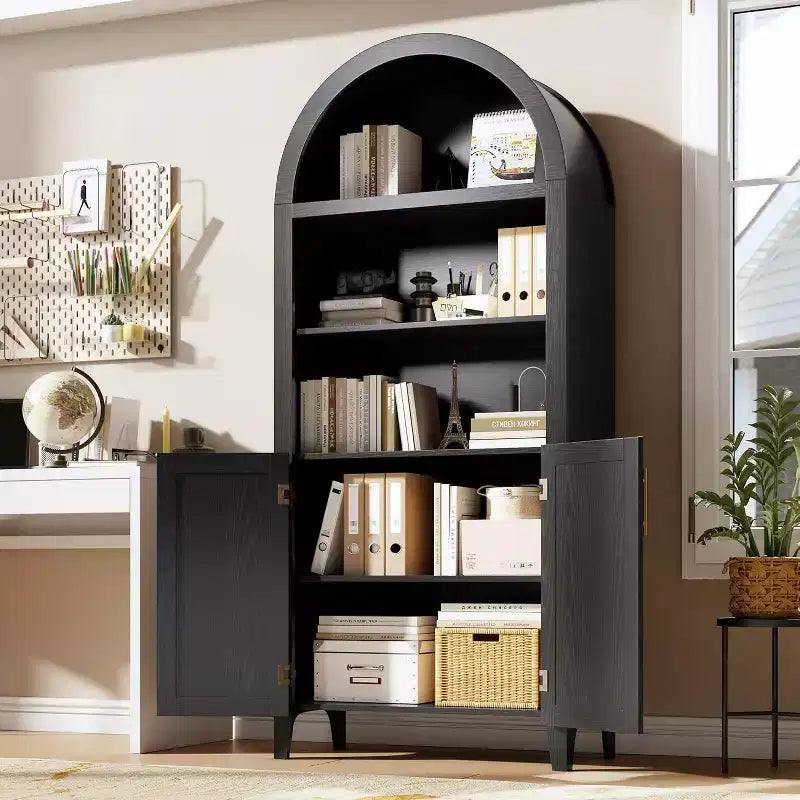 Acekool Armoire de cuisine bombée avec portes en rotin, meuble de rangement de ferme à 5 niveaux pour cuisine, salle à manger, salon