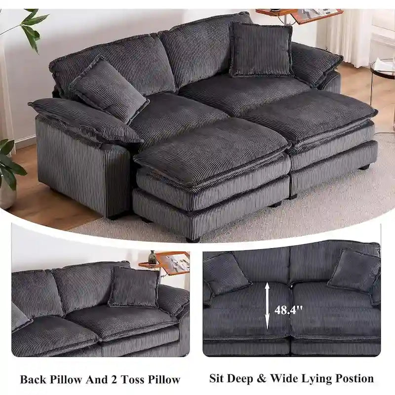 Canapé 2 places moderne en velours côtelé avec 4 coussins de soutien et 2 poufs