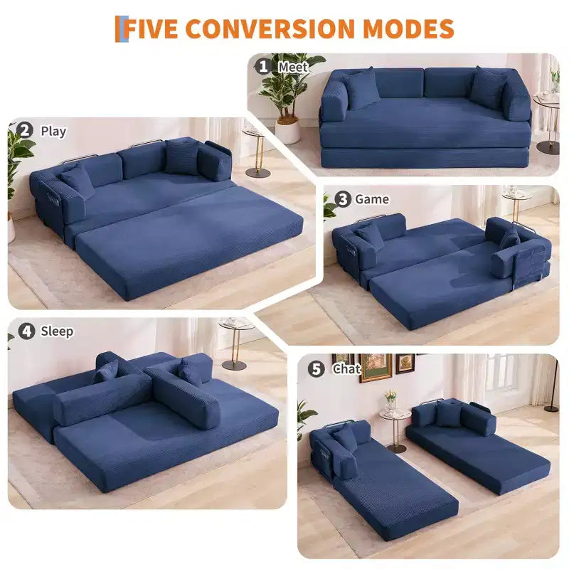 Canapé futon moderne en velours côtelé de 79 po pour petits espaces, canapé-lit convertible 5 en 1 avec accoudoirs et oreillers amovibles