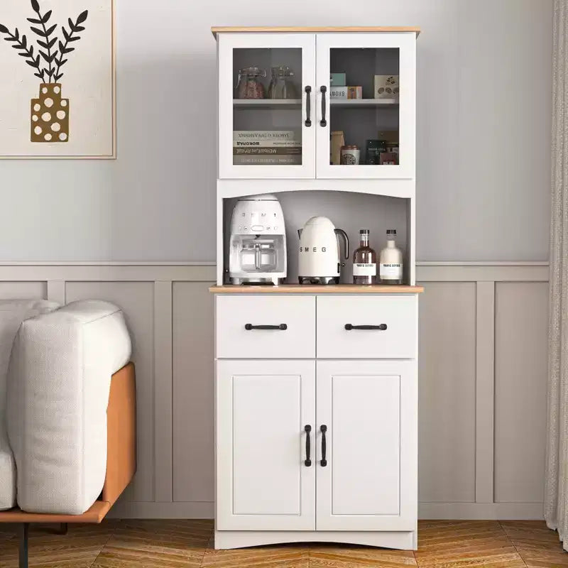 23 Armoires de cuisine en bois, armoire de garde-manger avec portes vitrées et tiroirs, étagères réglables, blanche