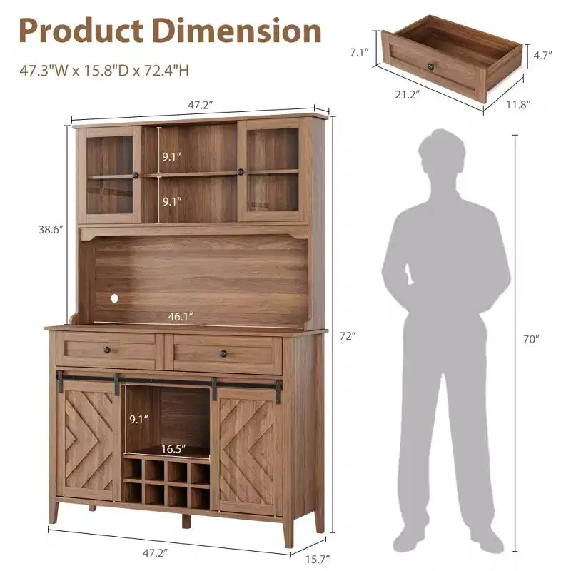 Meuble de bar de ferme 72 po avec porte coulissante de style grange Grand buffet de cuisine avec huche, station de recharge, 2 tiroirs et 8 étagères de rangement Café