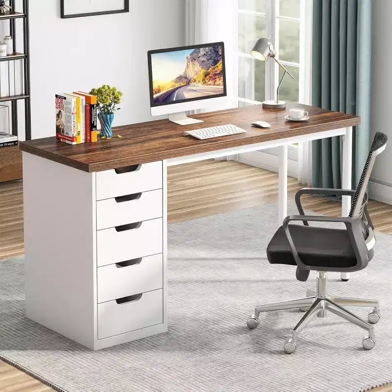 Bureau d'ordinateur Lantine avec 5 tiroirs, bureau moderne et simple de 119 cm pour la maison, le bureau et l'étude, idéal pour les petits espaces