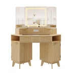 Coiffeuse d'angle 47 po avec miroir et lumière, table de maquillage en bois avec plateau en verre et station de charge, coiffeuse pour chambre à coucher