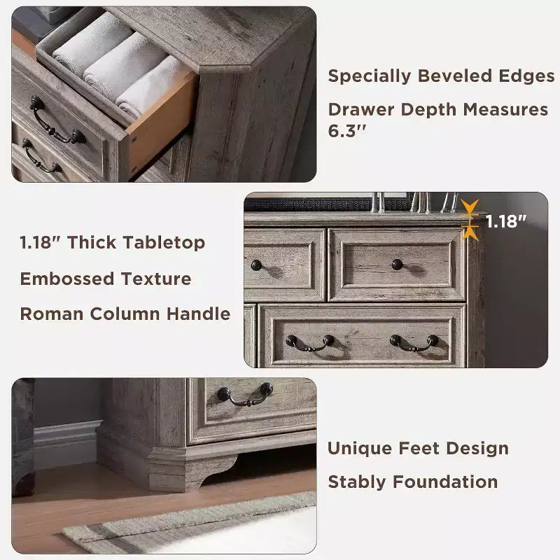 Commode 7 tiroirs de 54 po pour chambre à coucher, coffre de rangement rustique vintage pour salon et couloir