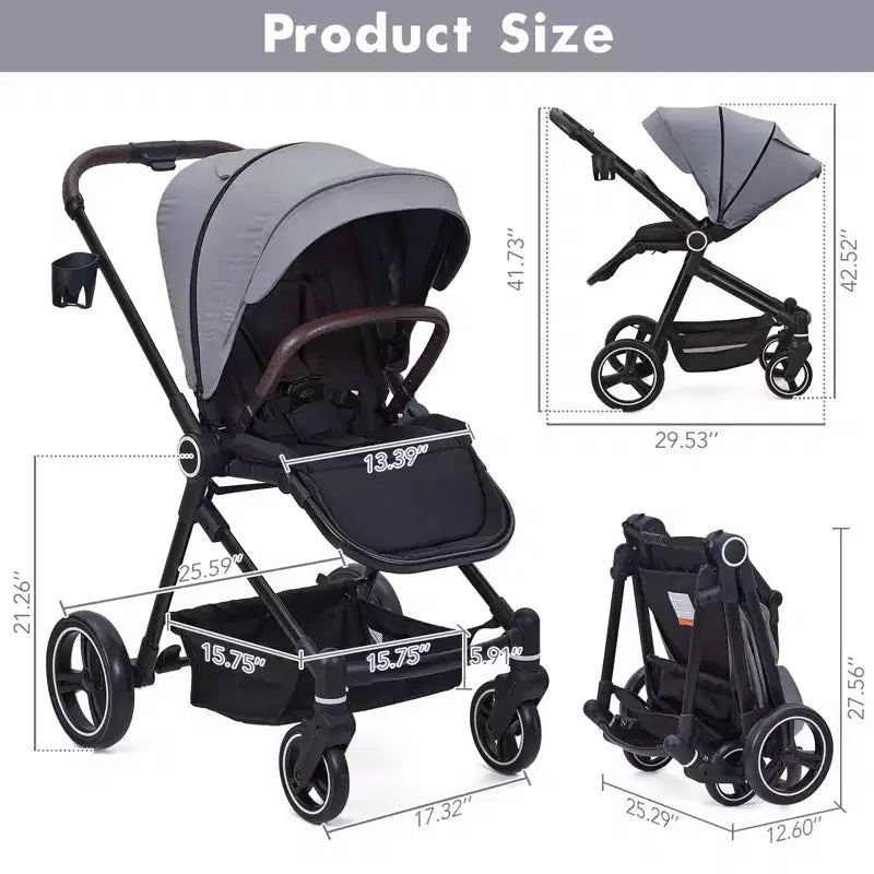 Poussette Bébé, Poussette Pliante - Poussette Haute pour Nouveau-né et Tout-petit, Landau Convertible avec Dossier Réversible