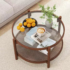 Table basse ronde de 31 po avec plateau en verre trempé et tablette en rotin