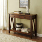 Console en bois marron tabac antique avec tiroir et étagère ouverte