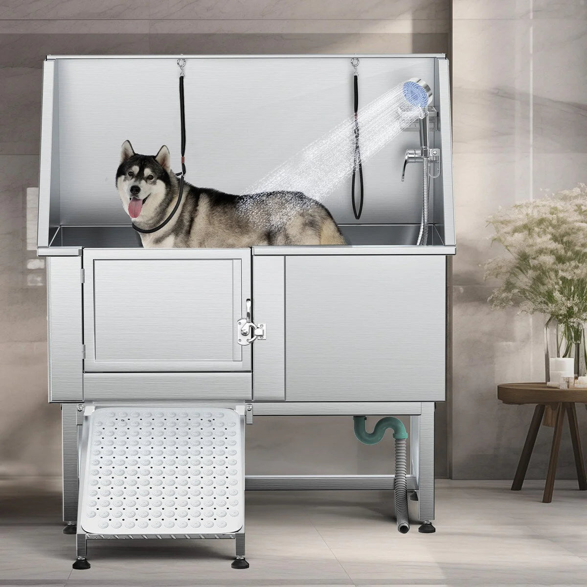 Baignoire de toilettage pour animaux en acier inoxydable de 50 po avec rampe d'accès réglable