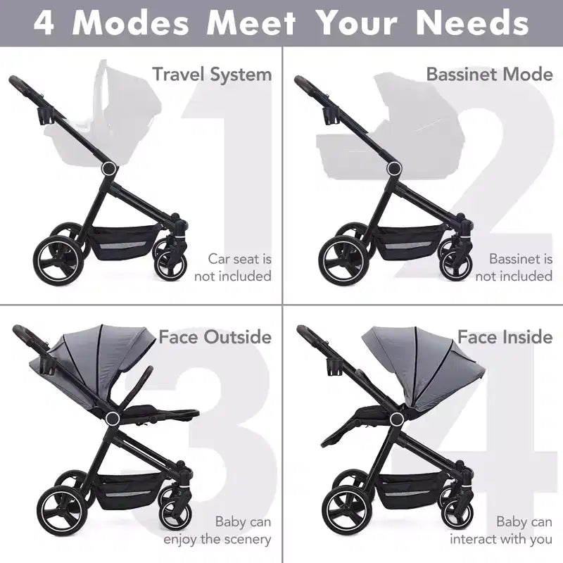 Poussette Bébé, Poussette Pliante - Poussette Haute pour Nouveau-né et Tout-petit, Landau Convertible avec Dossier Réversible