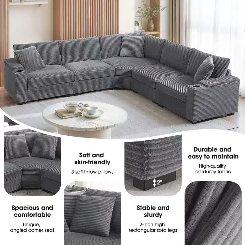 Canapé d'angle modulable en velours côtelé 106 avec accoudoir, rangement, porte-gobelets, chargeur USB et canapé modulaire surdimensionné confortable