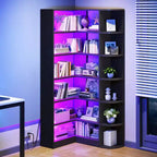 Étagère à 6 niveaux avec lumière LED, bibliothèque moderne de 180 cm, étagère d'angle en forme de L, meuble de rangement et de présentation.