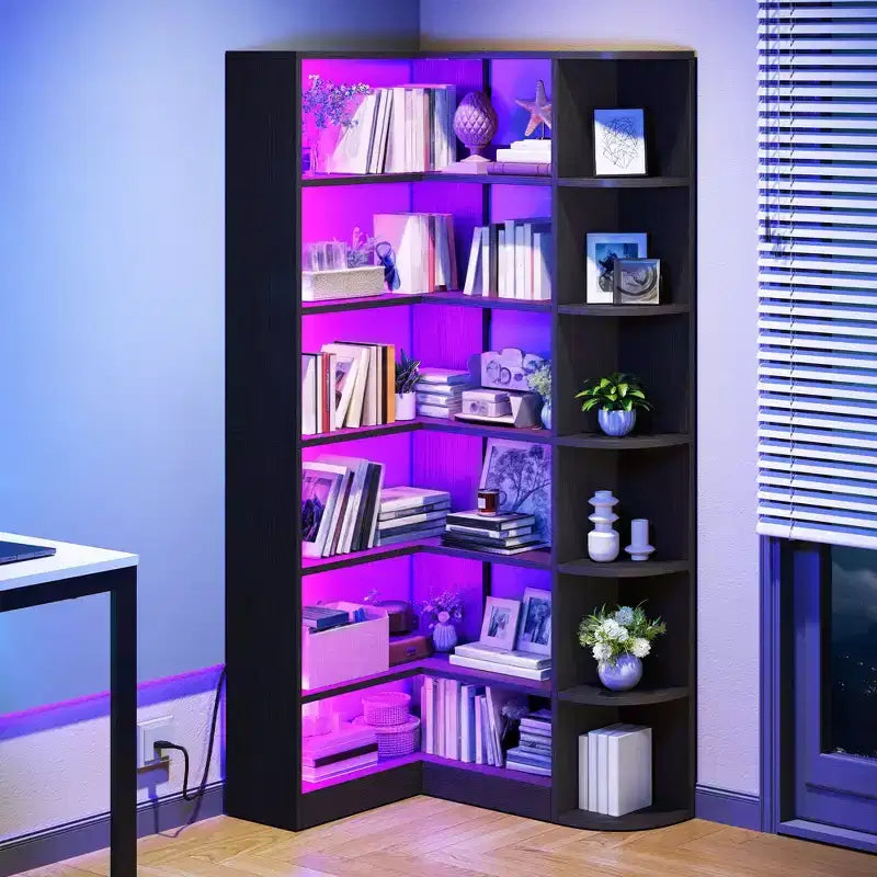 Étagère à 6 niveaux avec lumière LED, bibliothèque moderne de 180 cm, étagère d'angle en forme de L, meuble de rangement et de présentation.