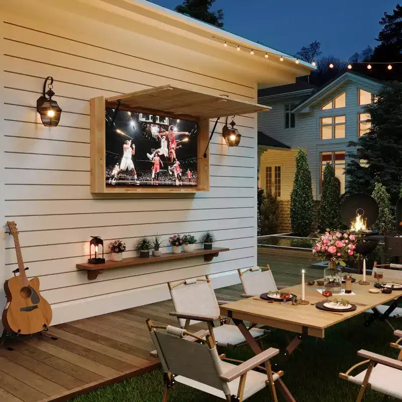 Meuble TV d'extérieur 55 pouces, cache-télévision en bois massif résistant aux intempéries avec support réglable 4D et porte rabattable (convient aux téléviseurs de 44 à 55 pouces)