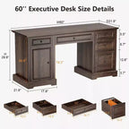 Bureau exécutif 60 po de style campagnard pour bureau à domicile – Bureau d'écriture en bois avec tiroirs, rangement d'armoire, bureau rustique pour le travail et les études
