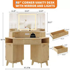 Coiffeuse d'angle 47 po avec miroir et lumière, table de maquillage en bois avec plateau en verre et station de charge, coiffeuse pour chambre à coucher