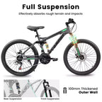 VTT Okak 24 pouces en acier au carbone avec suspension intégrale, vélo homme avec leviers de vitesses 21 vitesses et freins à disque, vélo pour enfants et adultes