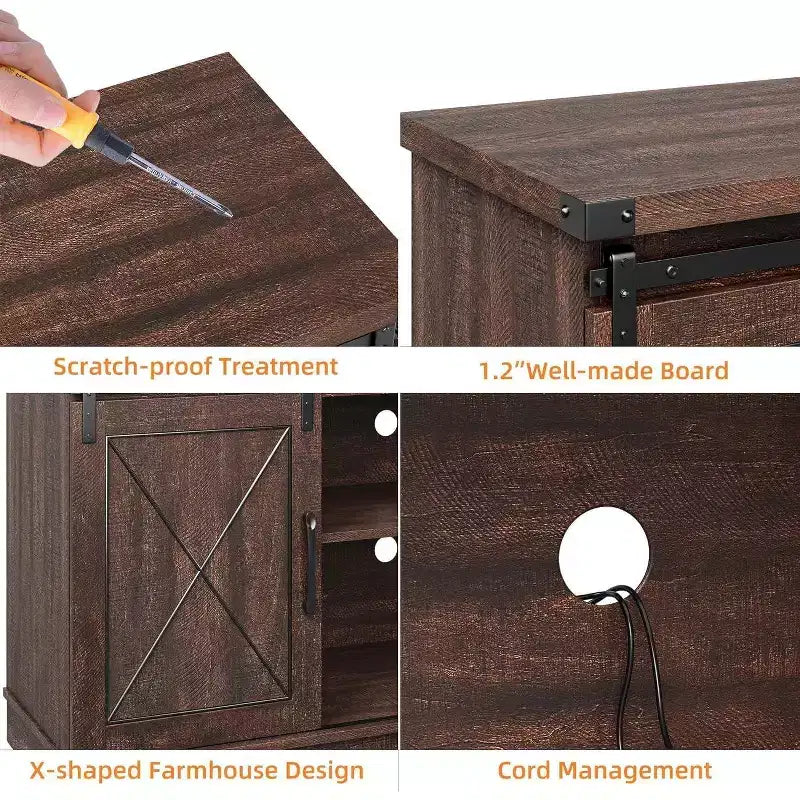 Meuble TV de style ferme pour téléviseurs jusqu'à 65 pouces, meuble de divertissement avec portes coulissantes de grange et armoires de rangement, console multimédia pour salon, chambre à coucher