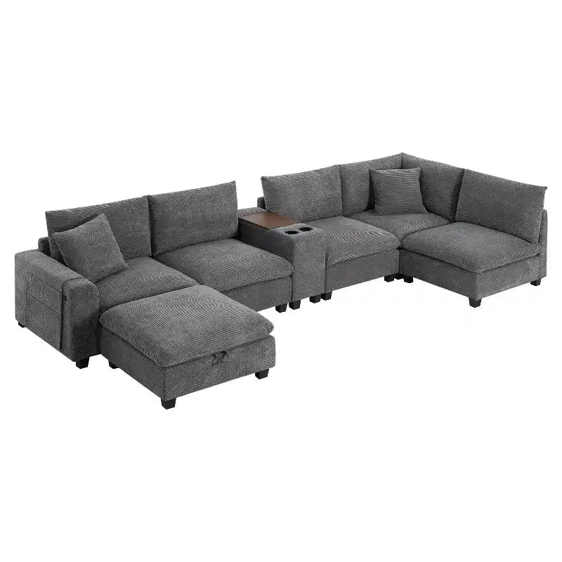Canapé sectionnel modulaire surdimensionné Clihome 140 avec pouf de rangement mobile, porte-gobelet, assise large, chargeur USB, canapé en velours côtelé en forme de U à 6 places