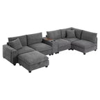 Canapé sectionnel modulaire surdimensionné Clihome 140 avec pouf de rangement mobile, porte-gobelet, assise large, chargeur USB, canapé en velours côtelé en forme de U à 6 places