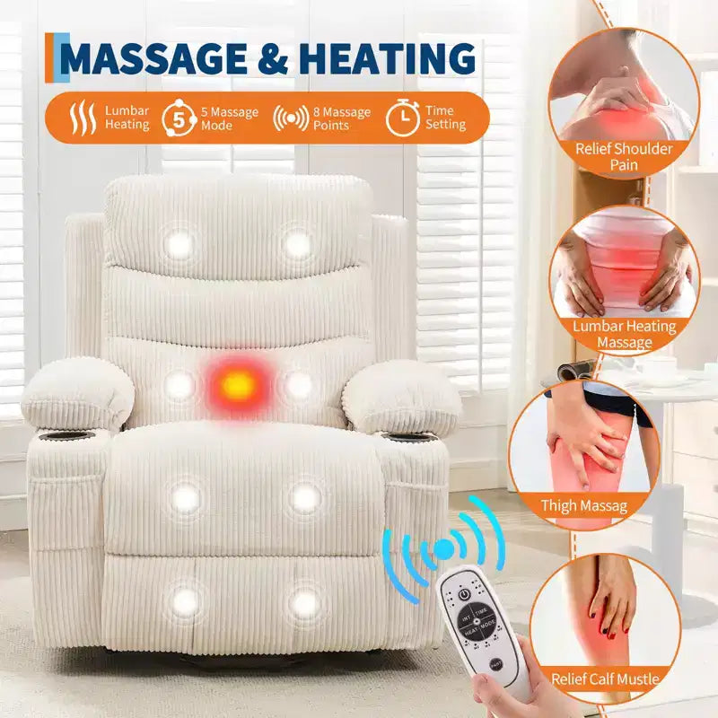 Fauteuil inclinable releveur avec massage et chauffage, fauteuils inclinables électriques surdimensionnés, siège de cinéma maison avec 2 porte-gobelets latéraux, fauteuil simple inclinable à bascule