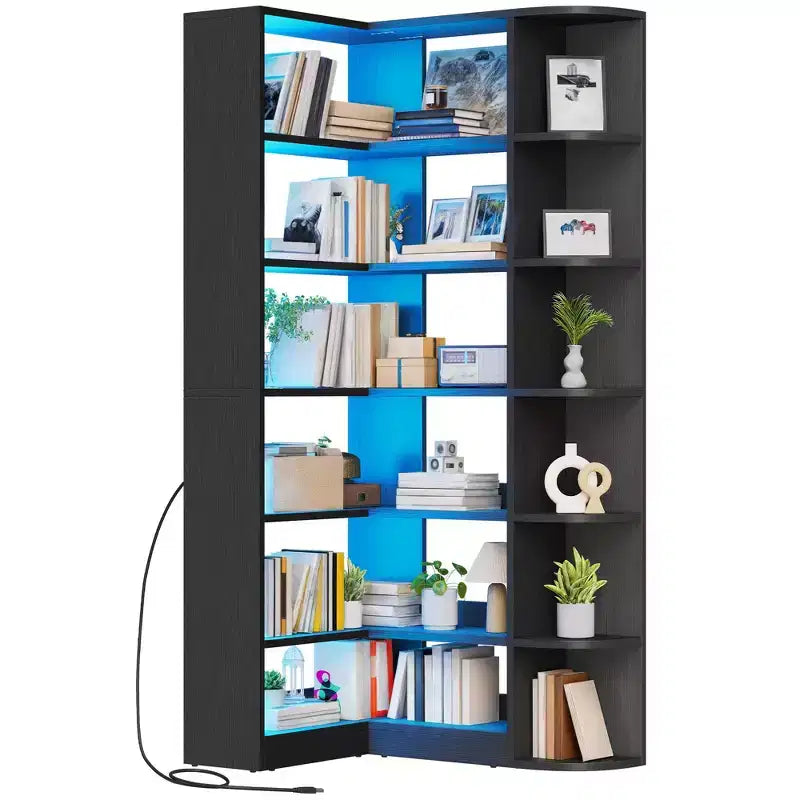 Étagère à 6 niveaux avec lumière LED, bibliothèque moderne de 180 cm, étagère d'angle en forme de L, meuble de rangement et de présentation.
