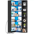 Étagère à 6 niveaux avec lumière LED, bibliothèque moderne de 180 cm, étagère d'angle en forme de L, meuble de rangement et de présentation.