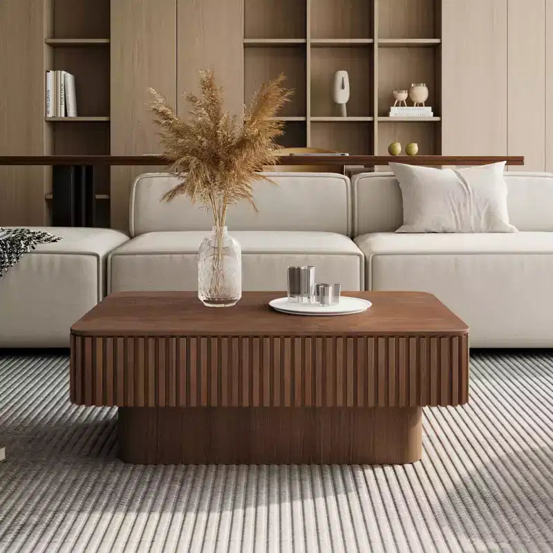 JVNOXK Table basse relevable rainurée 38,6 po avec rangement, table d'appoint moderne à hauteur réglable en placage de bois massif pour salon, chambre, noyer