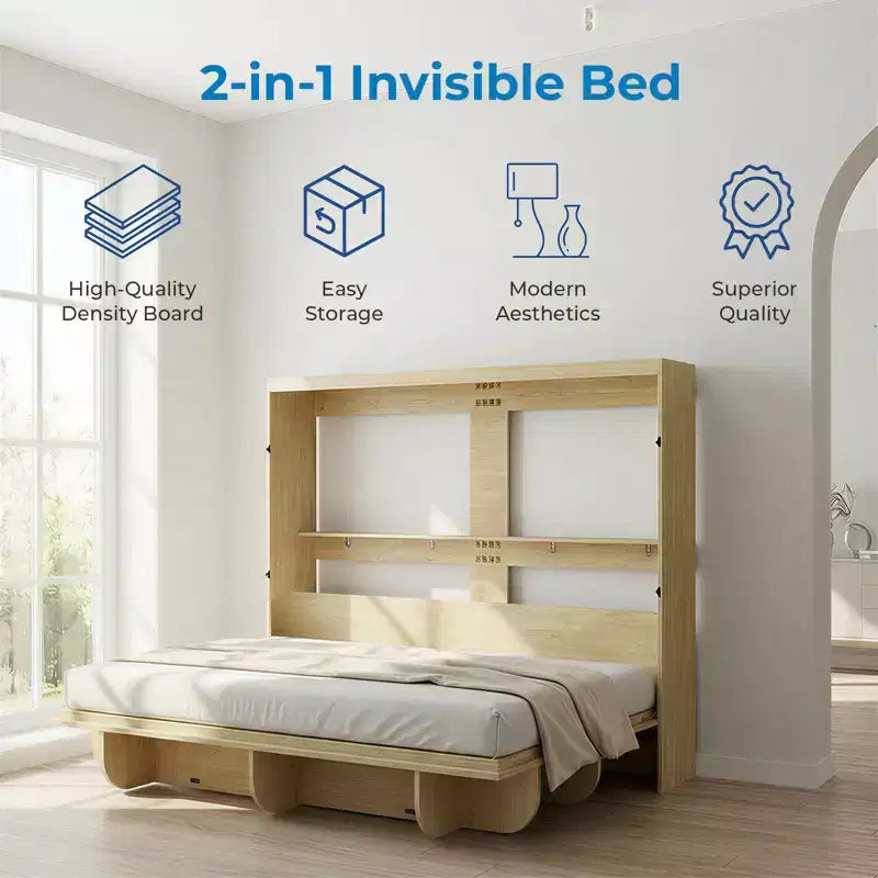 Lit escamotable 2-en-1 invisible Murphy avec étagères de rangement, Grand lit (Queen), Bois naturel (Matelas non inclus)
