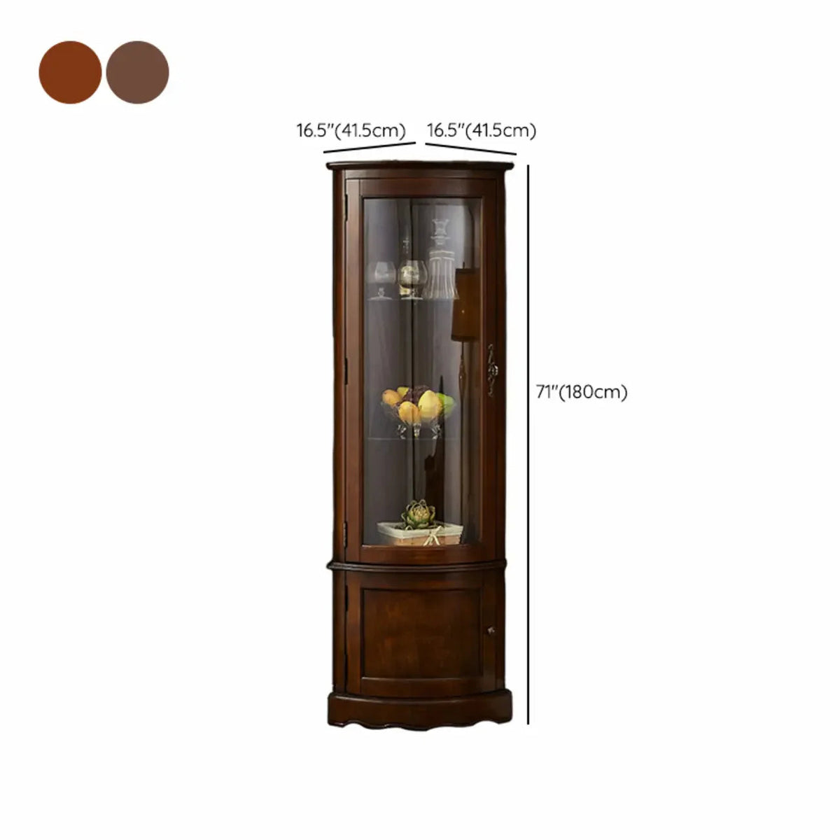 Meuble d'angle classique en bois d'hévéa marron avec porte vitrée