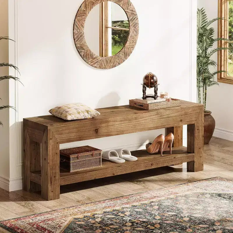 Banc d'entrée en bois massif de 47,24 po avec étagères ouvertes, brun rustique