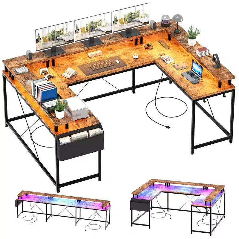 Grand bureau d'angle en U avec prises électriques, lumières LED, support d'écran et rangements pour bureau à domicile et usage professionnel