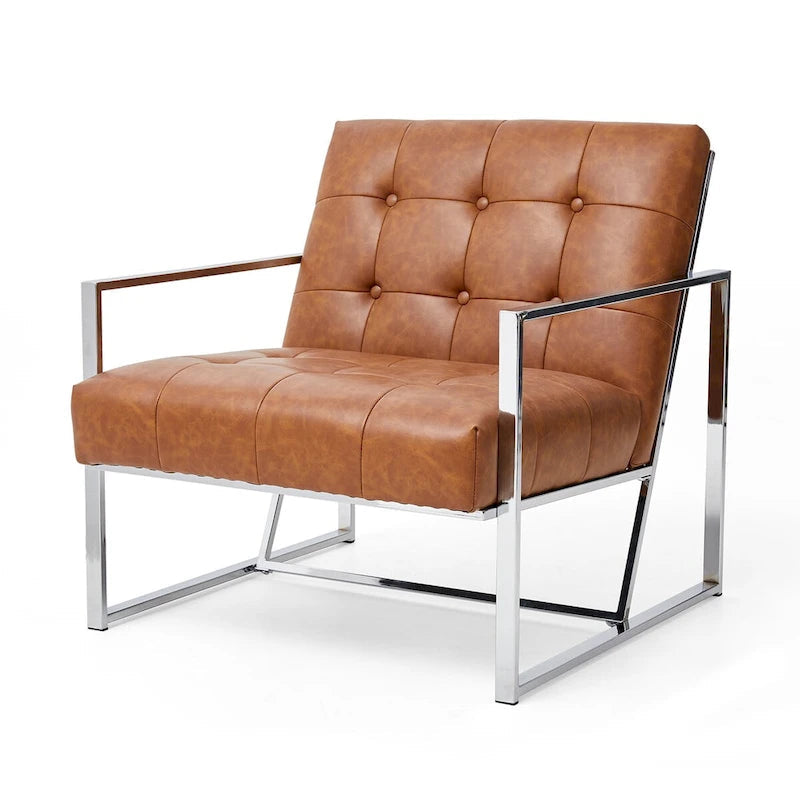 Glitzhome Fauteuil d'appoint touffeté en cuir PU crème, style milieu de siècle, 77,5 cm de hauteur, avec cadre chromé