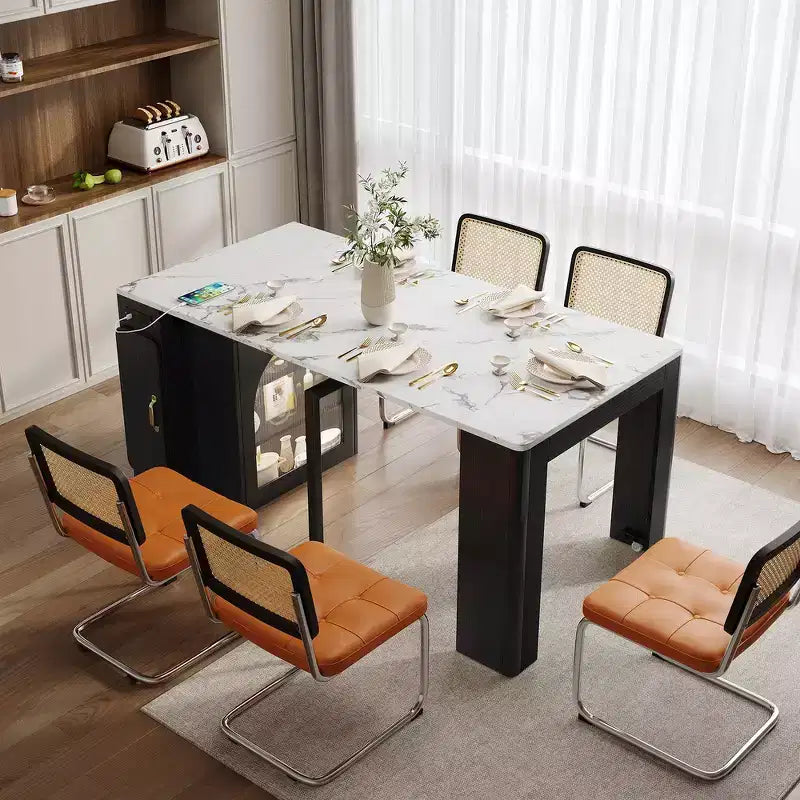 Table à manger extensible Whisen, table îlot mobile roulante avec 3 rallonges amovibles, meuble de rangement