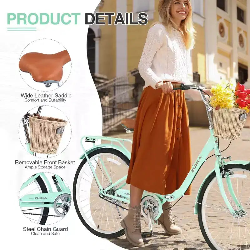 NAYSAYE Vélo Pliant Femme Monovitesse 26 Pouces Cadre en Acier Durable pour un Rangement et des Déplacements Faciles, Vert, 66.93*25.2*40.95