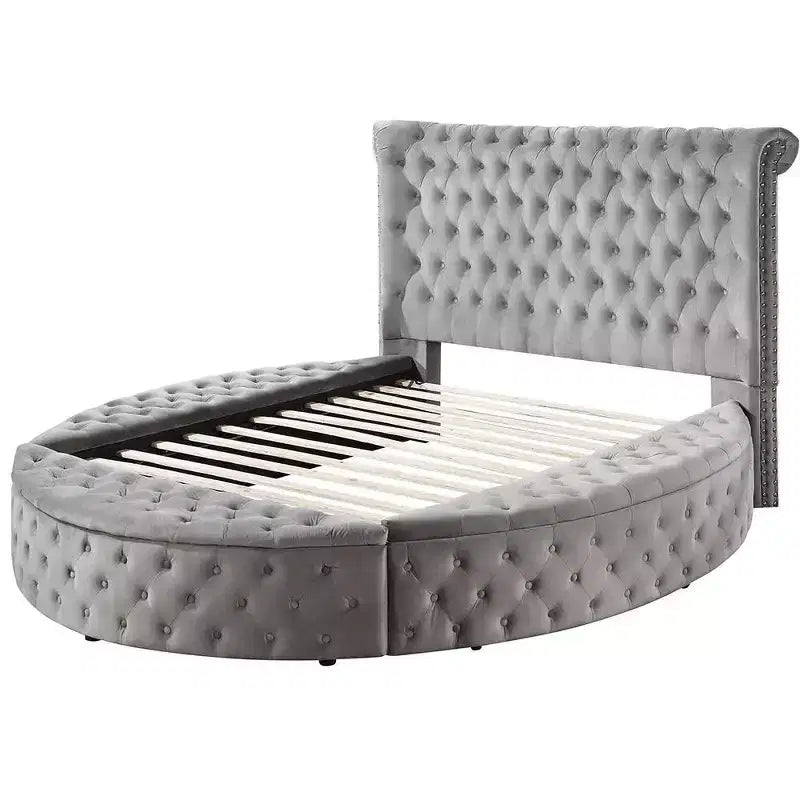 Lit Queen 109 Gaiva, velours gris - Acme Furniture : Design élégant avec clous décoratifs et capitonnage à boutons, cadre en bois composite