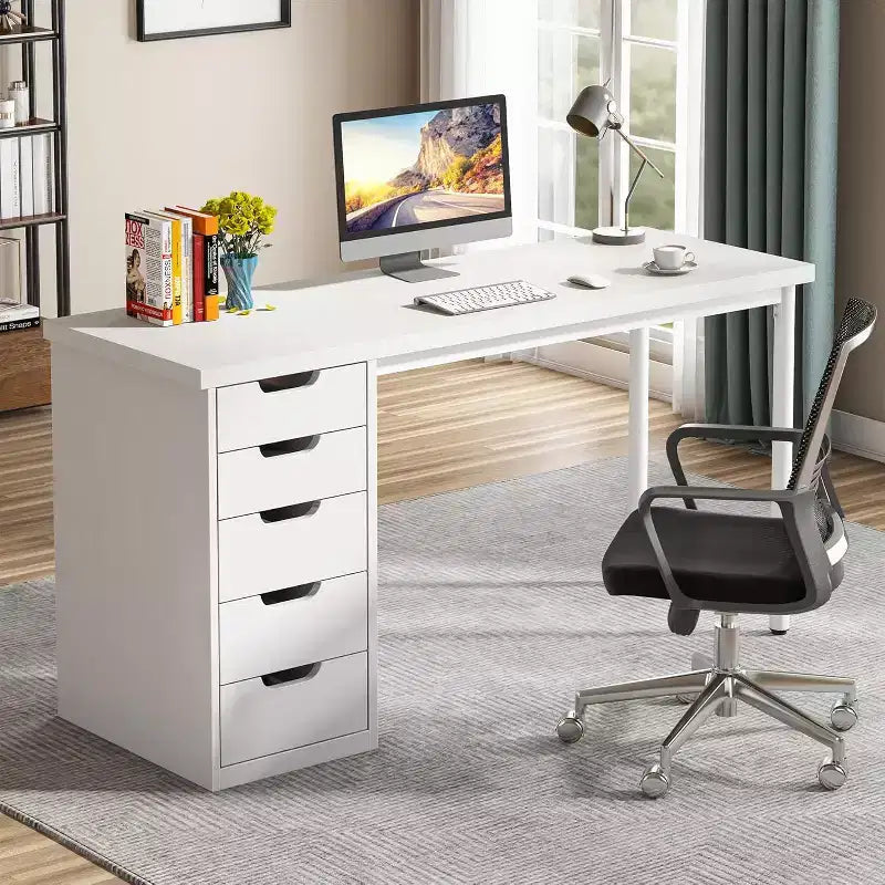 Bureau d'ordinateur Lantine avec 5 tiroirs, bureau moderne et simple de 119 cm pour la maison, le bureau et l'étude, idéal pour les petits espaces