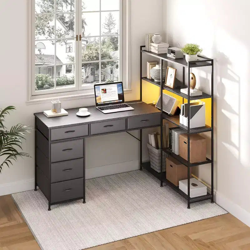 Bureau d'ordinateur en L de 120 cm avec 6 tiroirs et 5 étagères, bureau de jeu d'angle réversible avec lumières LED et prises de courant