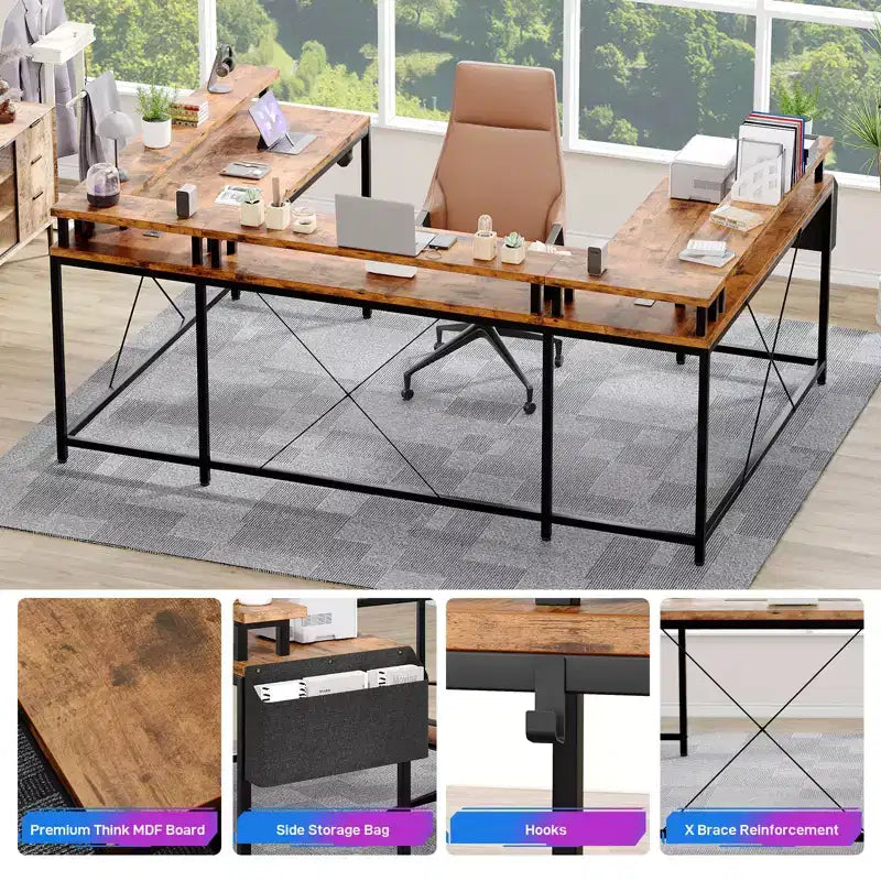 COZONY Bureau de jeu en forme de U/L 78", bureau d'ordinateur réversible avec prises de courant, lumières LED, support de moniteur et étagère de rangement, bureau d'angle pour le bureau à domicile