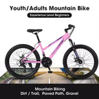 NAYSAYE Vélo VTT 26 Pouces avec Dérailleur 21 Vitesses Double Frein à Disque pour Adolescents et Femmes, Rose, 65*24.8*37.4