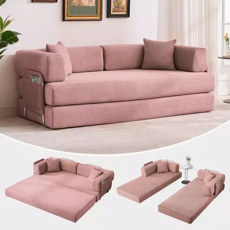 Canapé futon moderne en velours côtelé de 79 po pour petits espaces, canapé-lit convertible 5 en 1 avec accoudoirs et oreillers amovibles