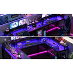 COZONY Bureau de jeu en forme de U/L 78", bureau d'ordinateur réversible avec prises de courant, lumières LED, support de moniteur et étagère de rangement, bureau d'angle pour le bureau à domicile